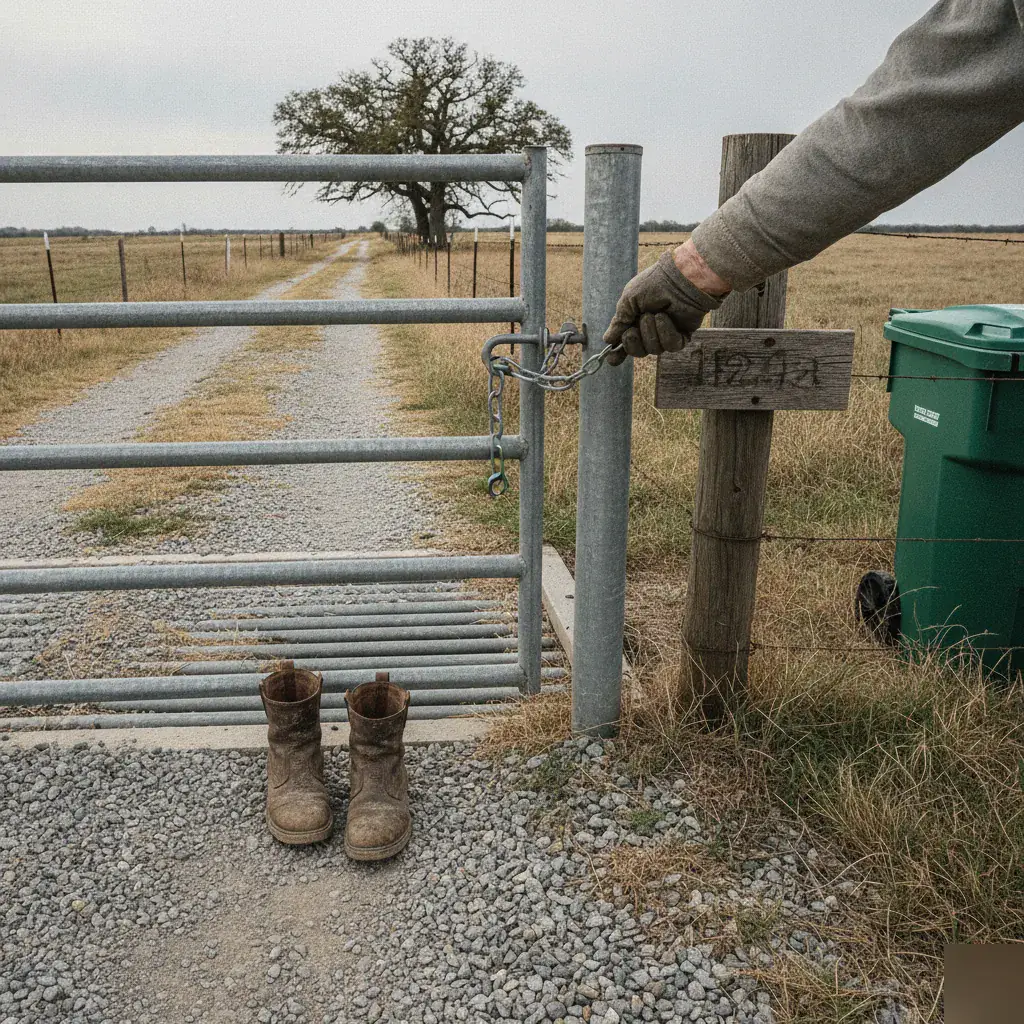 Rankin Waste worker opening a rural cattle gate for waste pickup near an Abbott, TX property