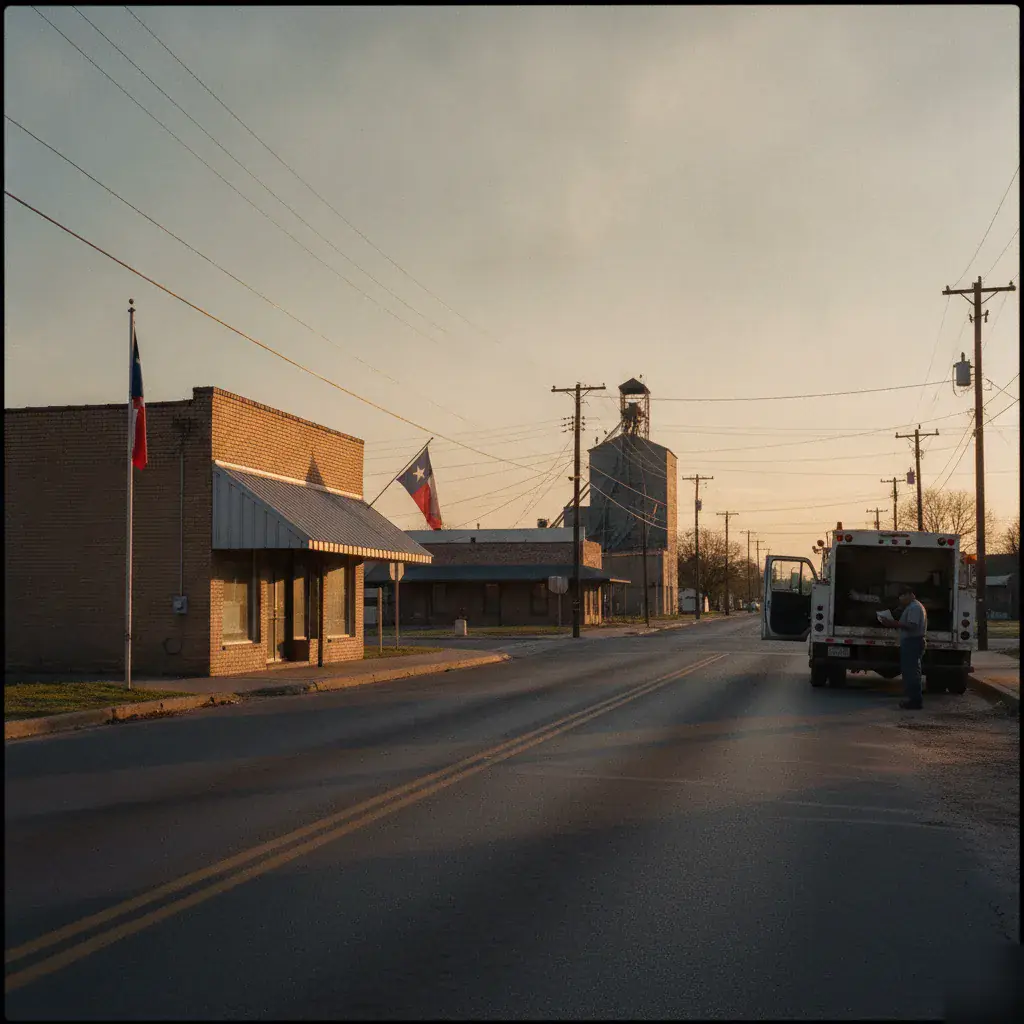Waste truck parked on Abbott, Texas main street near the grain elevator at dusk