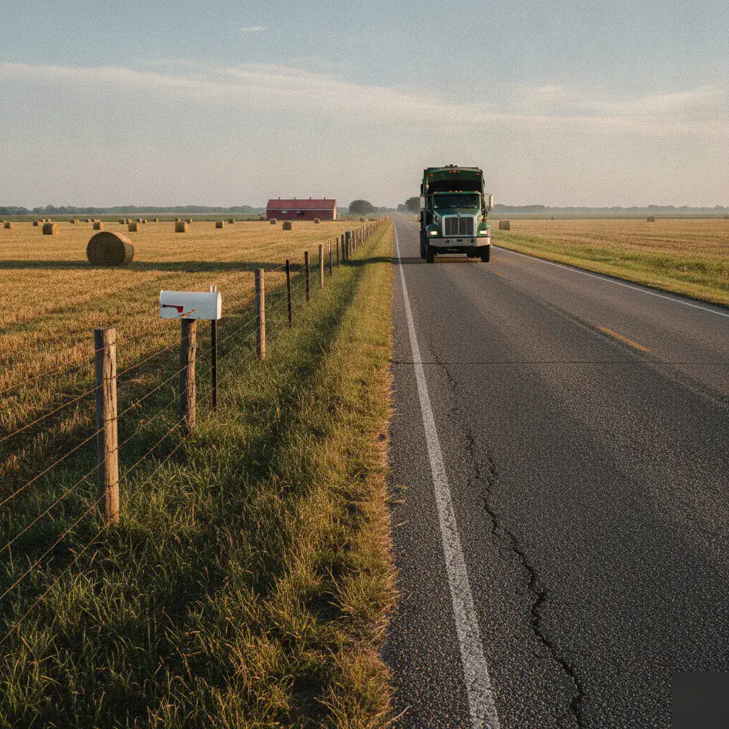 Waste truck driving a rural farm-to-market road near Abbott, Texas farmland