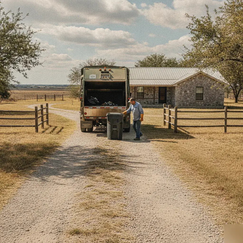 Rankin Waste collection service at a rural farm driveway near Abbott, TX