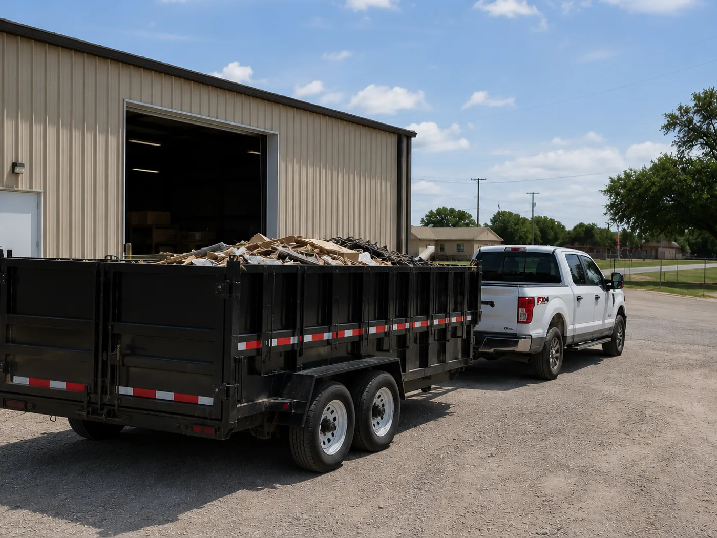 White pickup truck towing a loaded black dump trailer outside a Hubbard commercial warehouse