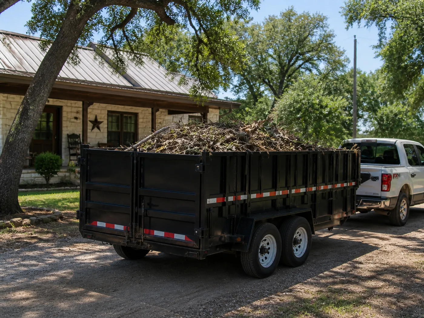 White pickup truck towing a black dump trailer loaded with yard debris in front of a Hubbard home