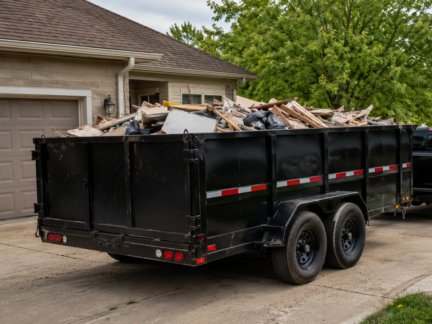 14-yard dump trailer loaded with debris in a Hubbard residential driveway