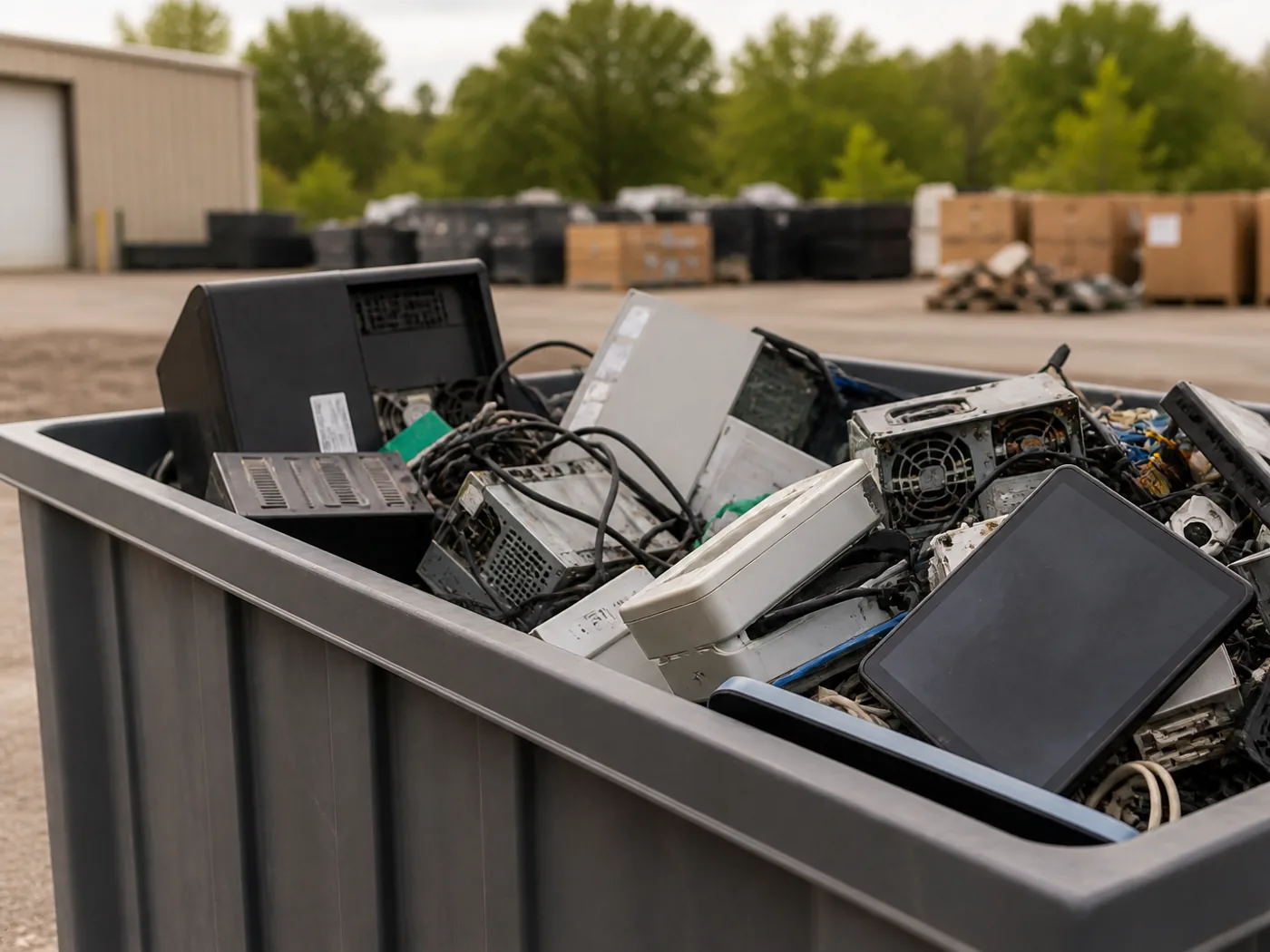 Bin filled with old computers, monitors, and electronic equipment at a recycling facility
