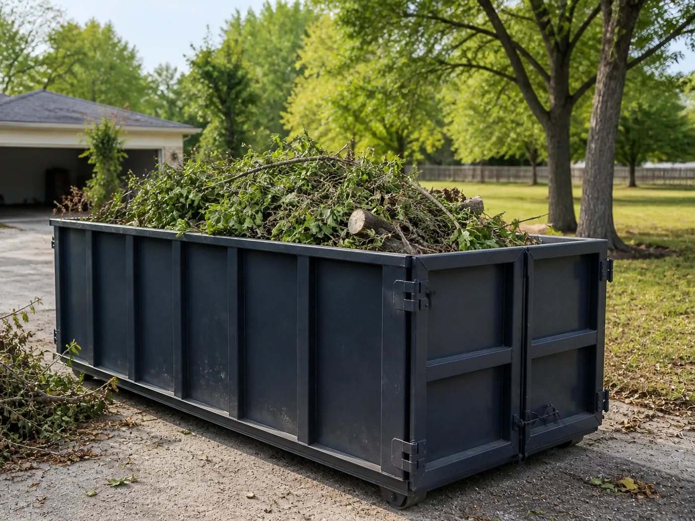 Black dumpster filled with branches, leaves, and yard debris on a Hubbard residential driveway