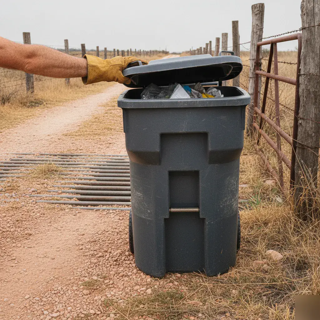 Trash bin at a cattle-guard driveway near Kirk, TX