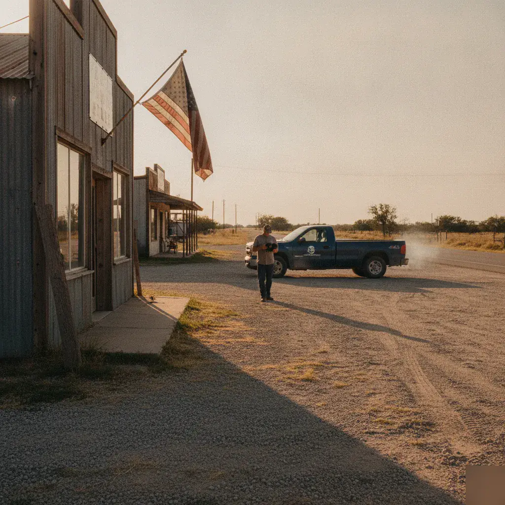 Waste service truck near the feed store on the main road in Kirk, TX