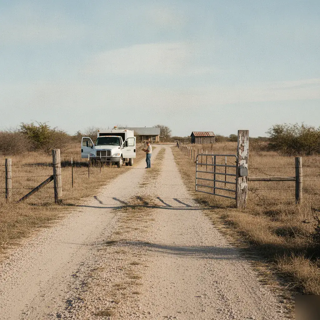Waste truck on a gravel road at a ranch property near Kirk, TX