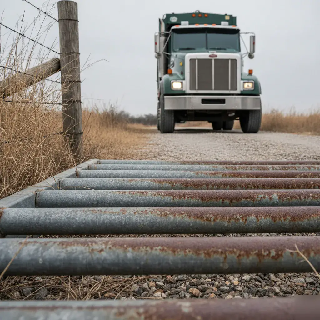 Cattle-guard property access for waste service near Leroy, TX