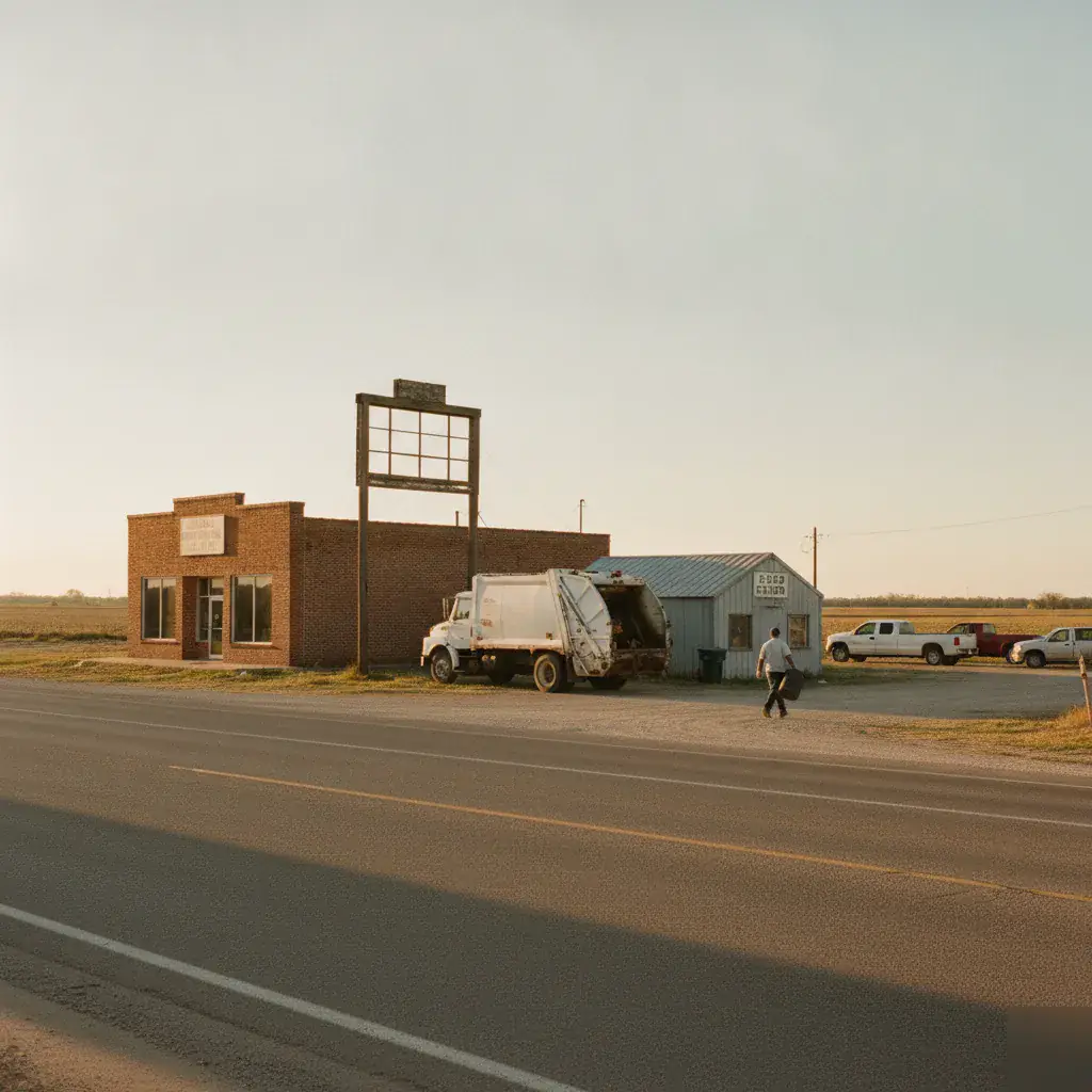 Waste collection truck in the Leroy, TX community at dusk