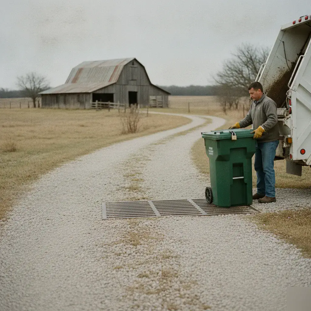 Rankin Waste collection at a rural farm driveway near Leroy, TX