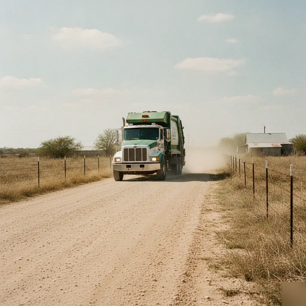 Waste truck on a rural road along a farmhouse route near Leroy, TX