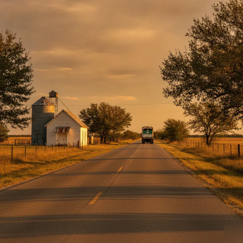 Waste collection truck driving through the rural Penelope, TX crossroads community at dusk