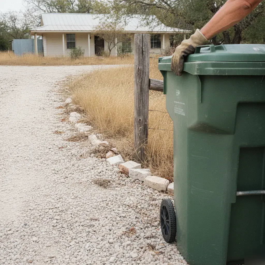 Worker's hand opening a trash bin lid at a rural driveway near Penelope, TX