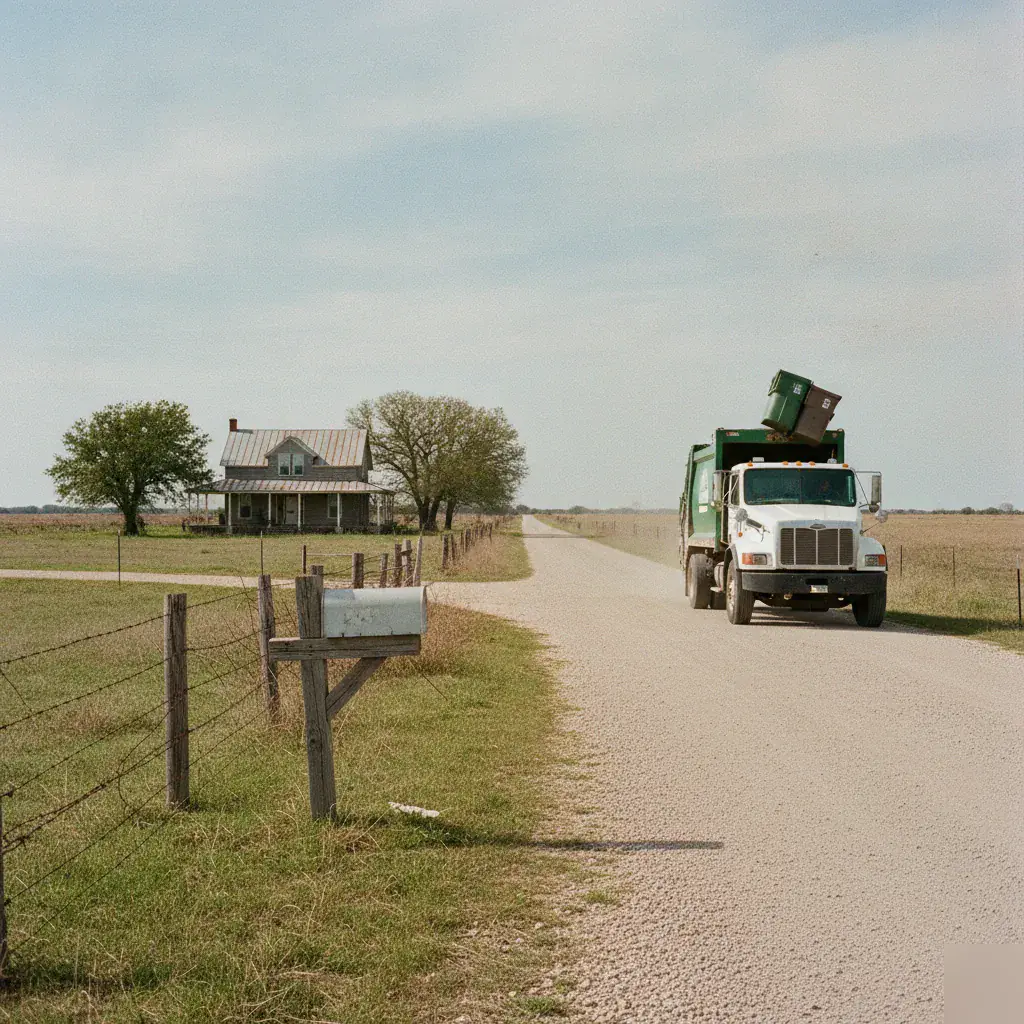 Waste collection truck parked on a rural road near a Penelope, TX farmhouse driveway