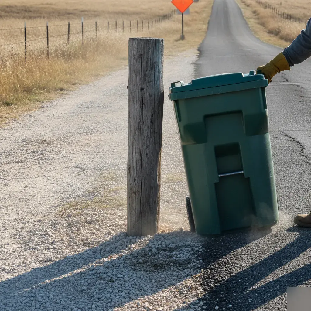 Trash bin at a county-road driveway near Purdon, TX