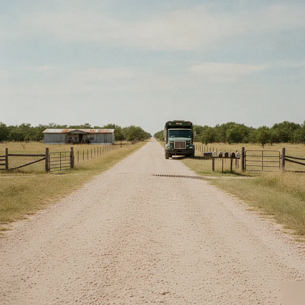 Rural trash pickup route along a county road near Purdon, TX