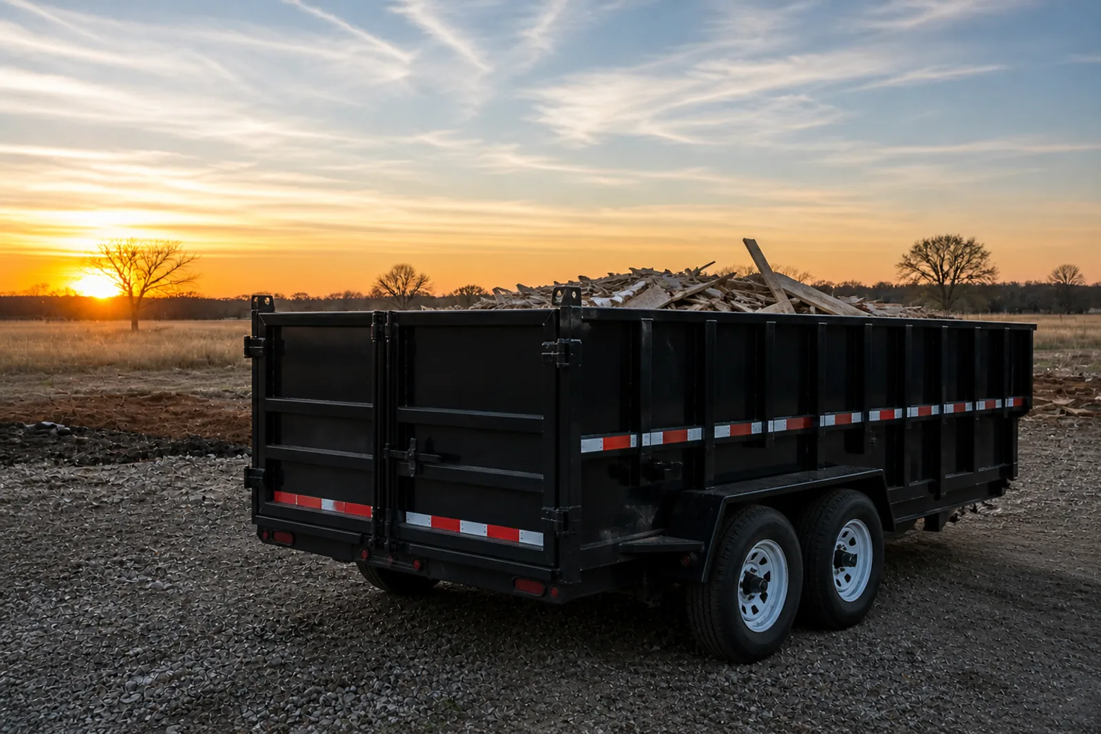 Black dump trailer loaded with debris parked in a Hubbard field at sunset
