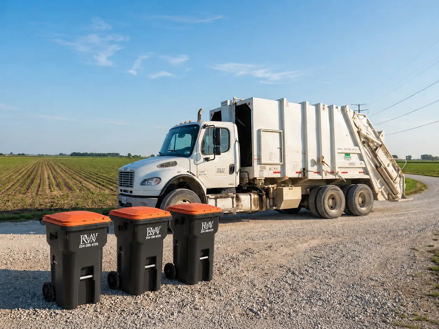 Rankin Waste garbage truck with RW-branded bins on a rural road