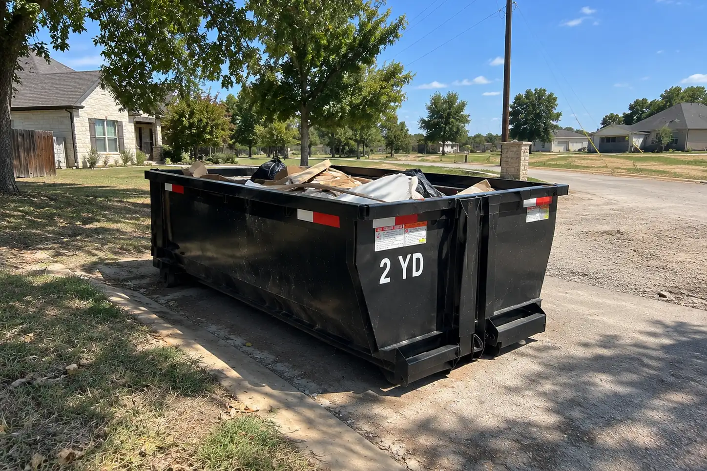 Black 2-yard residential dumpster loaded with household trash at the edge of a rural driveway