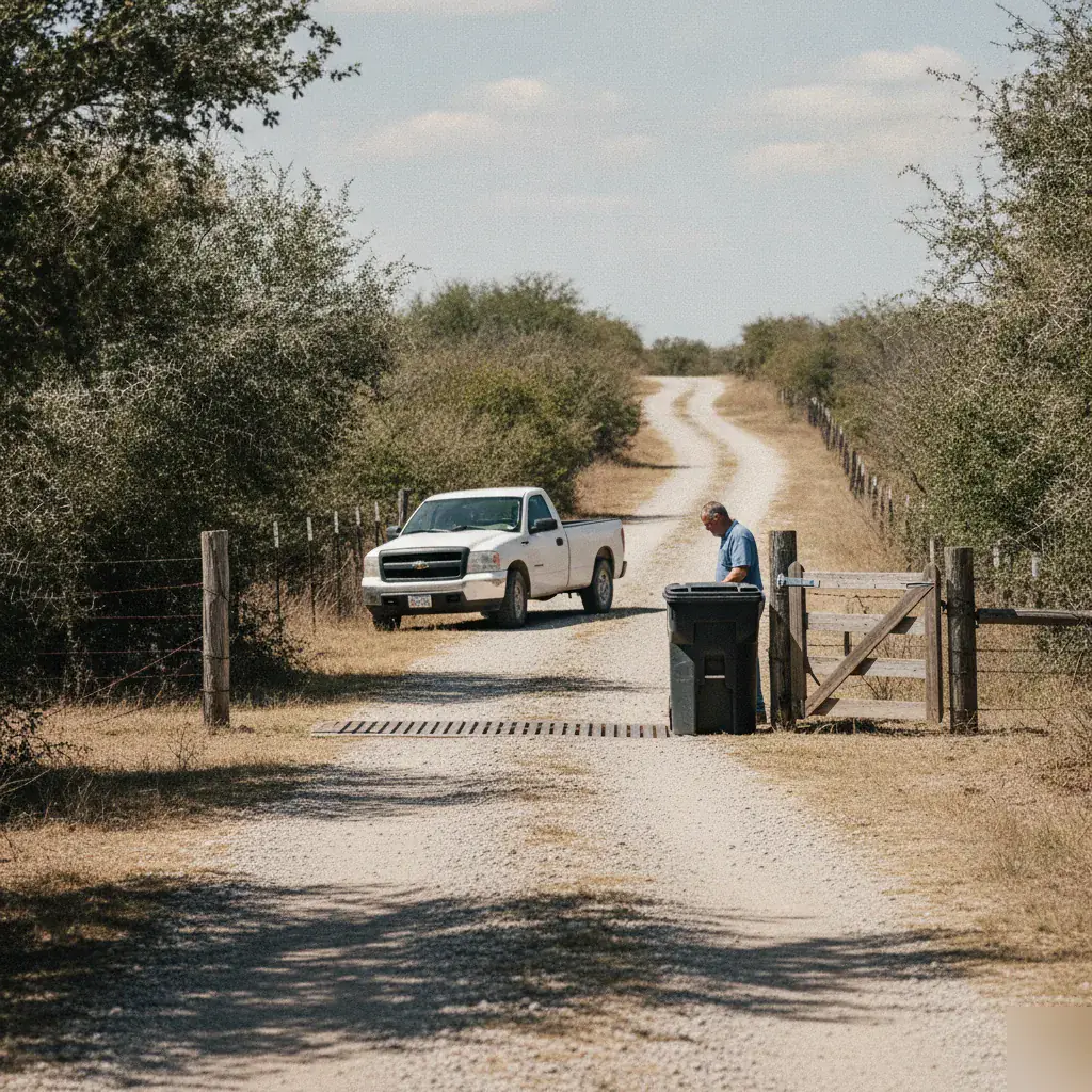 Waste service on a rural gravel road near Watt, TX