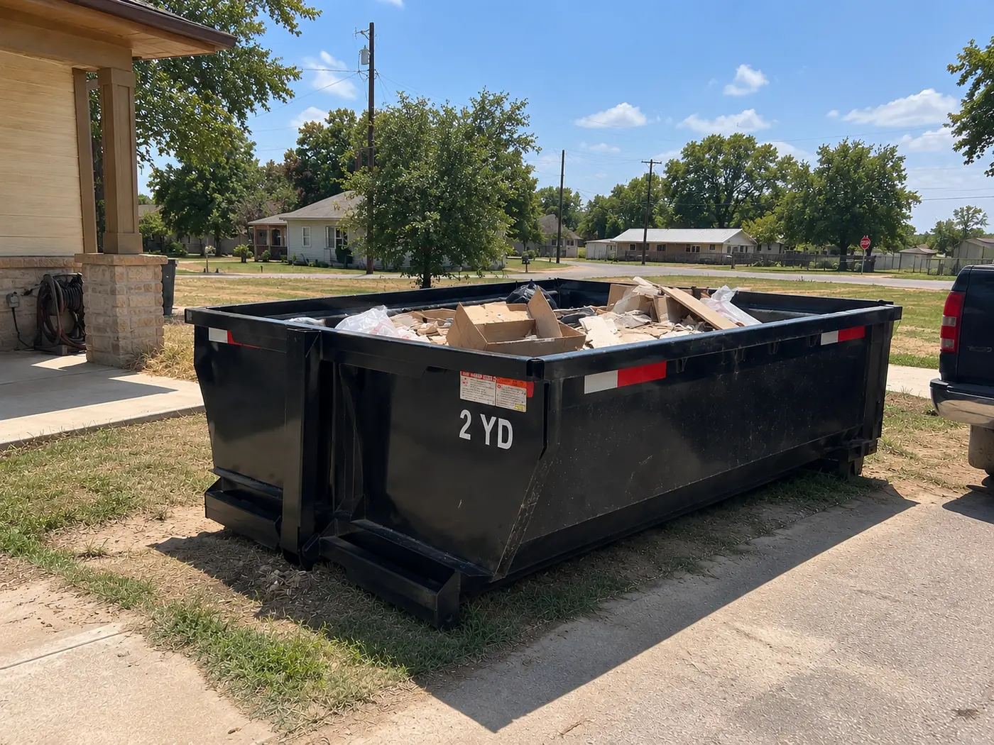 Black 2-yard dumpster filled with cardboard boxes, parked in a residential driveway next to a home's front porch
