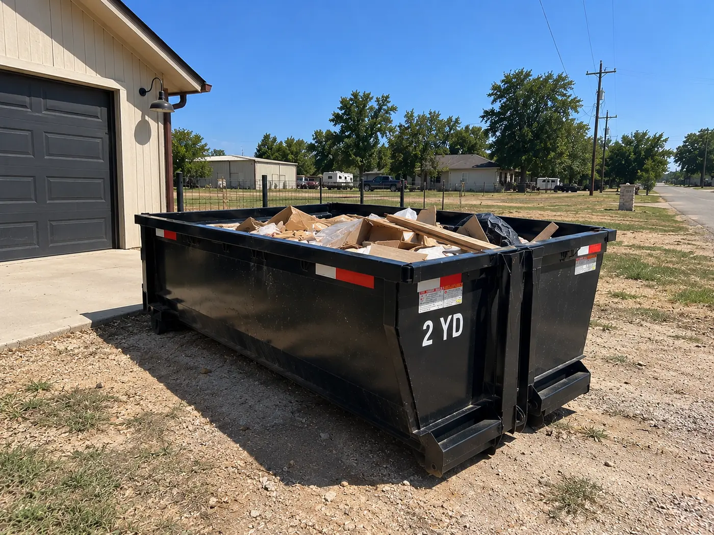 2-yard residential dumpster with cardboard and bagged trash sitting beside a garage on a rural property